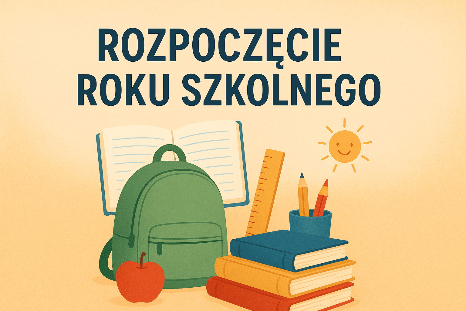 Ilustracja z napisem Rozpoczęcie roku szkolnego, plecakiem, książkami, linijką i przyborami szkolnymi