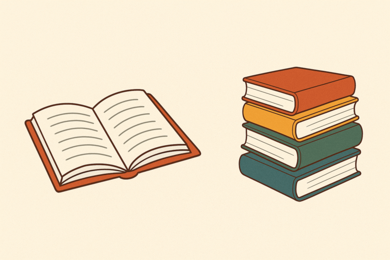 Otwarta książka i stos czterech książek na jasnym tle