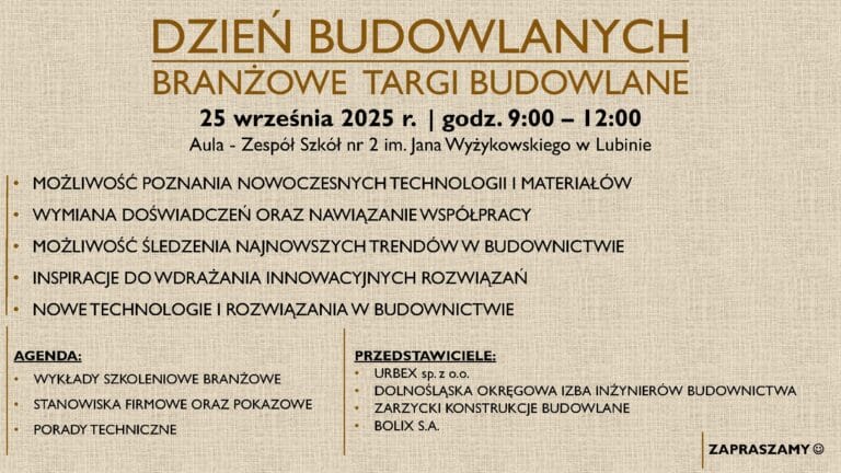 Plakat promujący wydarzenie „Dzień Budowlanych – Branżowe Targi Budowlane”, które odbędzie się 25 września 2025 roku w godzinach 9:00–12:00 w Auli Zespołu Szkół nr 2 im. Jana Wyżykowskiego w Lubinie. Na plakacie wymieniono korzyści uczestnictwa: możliwość poznania nowoczesnych technologii i materiałów, wymiana doświadczeń, śledzenie najnowszych trendów w budownictwie, inspiracje do wdrażania innowacyjnych rozwiązań oraz prezentacja nowych technologii. Agenda wydarzenia obejmuje wykłady szkoleniowe branżowe, stanowiska firmowe i pokazowe oraz porady techniczne. Wśród przedstawicieli znajdują się: URBEX sp. z o.o., Dolnośląska Okręgowa Izba Inżynierów Budownictwa, Zarzycki Konstrukcje Budowlane oraz BOLIX S.A. Na dole plakatu widnieje napis „Zapraszamy”.