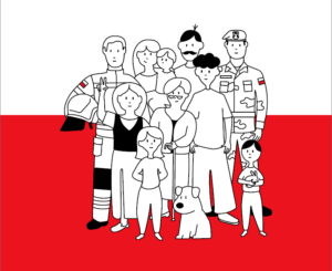 Ilustracja przedstawiająca grupę osób i psa na tle polskiej flagi. W grupie znajdują się m.in. strażak, żołnierz, starsza kobieta z laską, dorosłe osoby i dzieci, symbolizujący różne pokolenia i role społeczne