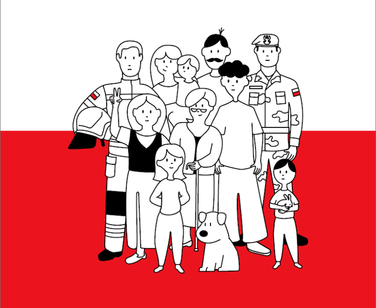 Ilustracja przedstawiająca grupę osób i psa na tle polskiej flagi. W grupie znajdują się m.in. strażak, żołnierz, starsza kobieta z laską, dorosłe osoby i dzieci, symbolizujący różne pokolenia i role społeczne