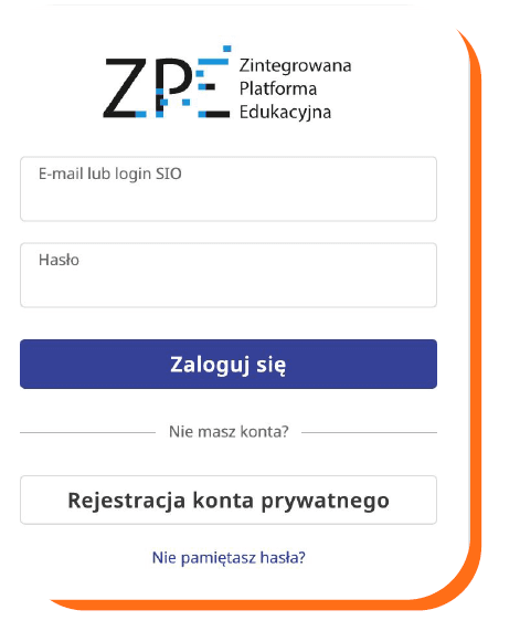 trona logowania do Zintegrowanej Platformy Edukacyjnej (ZPE). Widoczne pola do wpisania e-maila lub loginu SIO oraz hasła. Pod nimi przycisk 'Zaloguj się', link 'Nie masz konta?' i przycisk 'Rejestracja konta prywatnego'. Na dole link 'Nie pamiętasz hasła?'. Po prawej stronie ozdobny pomarańczowy łuk