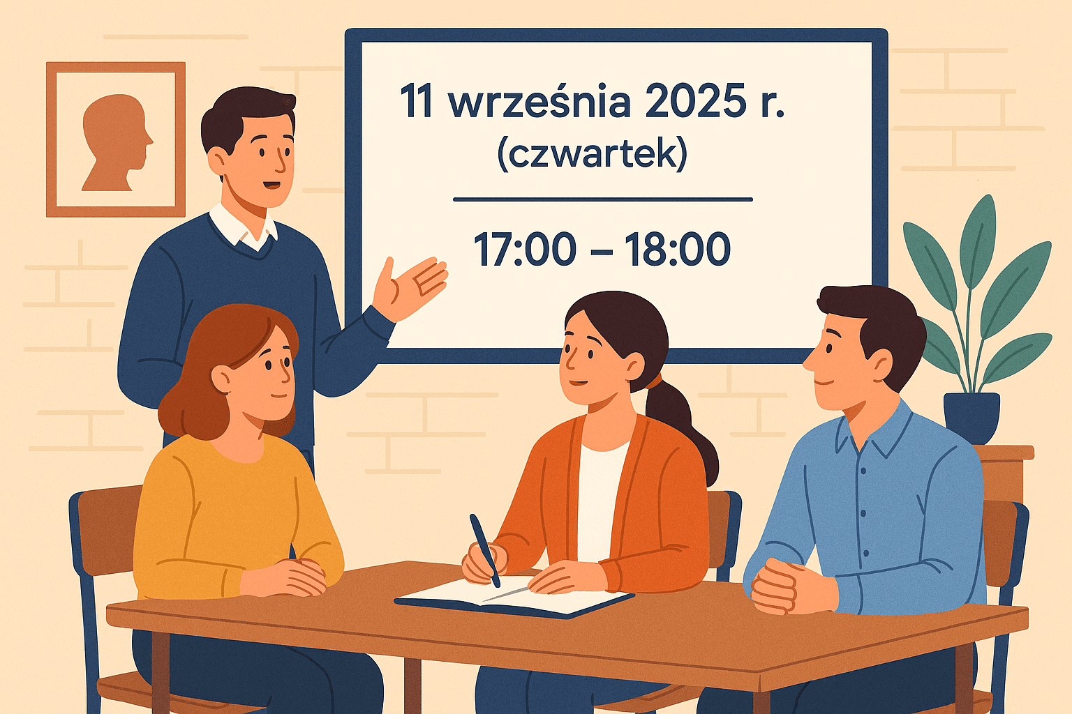 Ilustracja przedstawiająca symboliczne spotkanie – grupa osób siedzących przy stole w przyjaznej atmosferze, w tle elementy edukacyjne i szkolne