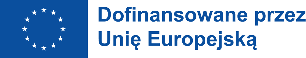 Po lewej stronie prostokątna flaga Unii Europejskiej: dwanaście złotych gwiazd ułożonych w krąg na niebieskim tle. Po prawej stronie flagi znajduje się granatowy napis w dwóch wierszach: „Dofinansowane przez Unię Europejską”. Całość umieszczona na białym tle.
