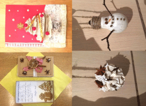 Kolaż czterech zdjęć przedstawiających ręcznie wykonane dekoracje świąteczne. Górny lewy element to kartka z choinką wykonaną z warstw papieru, ozdobioną czerwonymi kulkami i złotą gwiazdką na czerwonym tle. Górny prawy element to wiszący bałwanek z białej żarówki, z guzikami, patyczkowymi rękami i jutowym sznurkiem. Dolny lewy element to zestaw ozdobnych kartek z motywem pierników i przepisem, przewiązanych wstążką z suszonym plasterkiem pomarańczy. Dolny prawy element to wisząca kula z papierowych fragmentów i gwiazdek anyżu