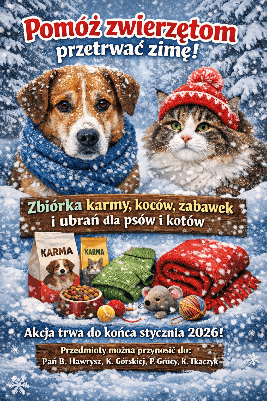 Plakat zimowej akcji pomocy zwierzętom. Na tle śniegu znajdują się ilustracje psa i kota w zimowych czapkach oraz zdjęcia karmy, koców i zabawek. Duży napis zachęca do wsparcia zbiórki karmy, koców, zabawek i ubrań dla psów i kotów. Informacja na dole wskazuje, że akcja trwa do końca stycznia 2026 roku oraz wymienia miejsca, do których można przynosić rzeczy