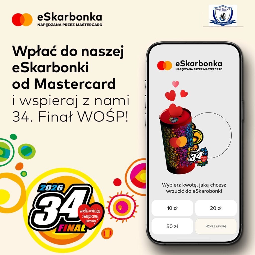 Promocja eSkarbonki Mastercard na 34. Finał WOŚP: po lewej tekst zachęcający do wpłat, po prawej smartfon z cyfrową puszką WOŚP i przyciskami wyboru kwoty.
