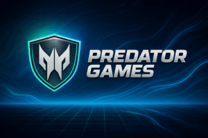 Logo „Predator Games” na ciemnym, futurystycznym tle z niebieskimi świetlnymi liniami, przedstawiające tarczę z charakterystycznym symbolem i nazwą wydarzenia