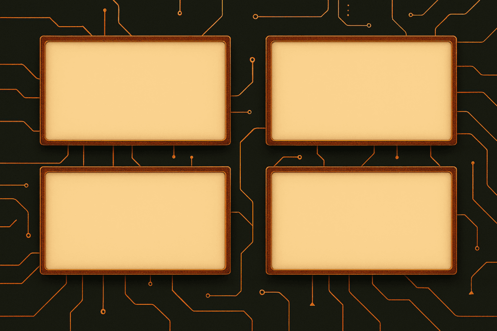 Grafika przedstawiająca cztery puste, prostokątne ramki w kolorze beżowym z brązowymi krawędziami, ułożone symetrycznie w dwóch rzędach. Tło jest czarne i pokryte gęstą siecią miedzianych ścieżek przypominających układ scalony lub płytkę drukowaną. Całość ma nowoczesny, technologiczny charakter i służy jako szablon do uzupełnienia treścią