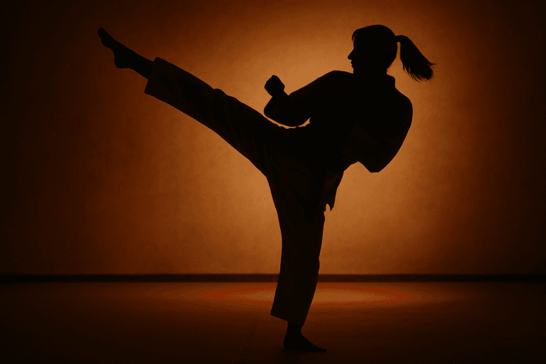 Sylwetka osoby wykonującej dynamiczne kopnięcie Taekwon‑Do na tle ciepłego, scenicznego światła