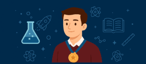Ilustracja osoby z medalem na szyi na tle ikon związanych z nauką, takich jak kolba laboratoryjna, rakieta, otwarta książka, linijka oraz symbole atomów