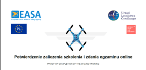 Potwierdzenie zaliczenia szkolenia i zdania egzaminu online dla kategorii otwartej A1/A3. Na grafice widoczne są logotypy EASA (European Union Aviation Safety Agency), Urzędu Lotnictwa Cywilnego (ULC) oraz flaga Polski. W centrum znajduje się grafika drona.