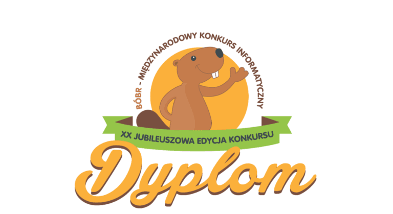 Logo XX jubileuszowej edycji Międzynarodowego Konkursu Informatycznego Bóbr. Na grafice widnieje uśmiechnięty bóbr na tle pomarańczowego koła oraz stylizowany napis „Dyplom”