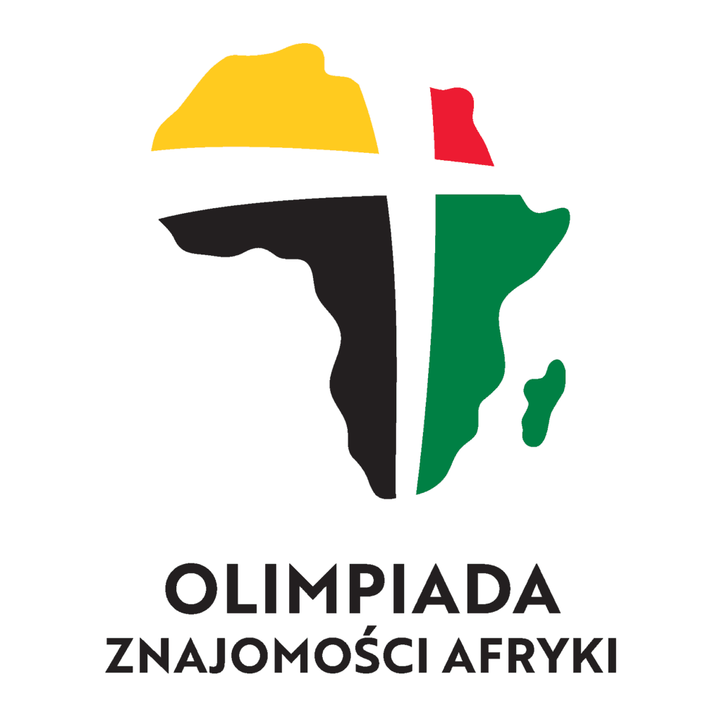 Logo Olimpiady Znajomości Afryki przedstawiające kontur kontynentu afrykańskiego podzielony na cztery barwne pola: żółte, czerwone, czarne i zielone. Pola rozdzielone są białym kształtem krzyża. Poniżej znajduje się napis: OLIMPIADA ZNAJOMOŚCI AFRYKI
