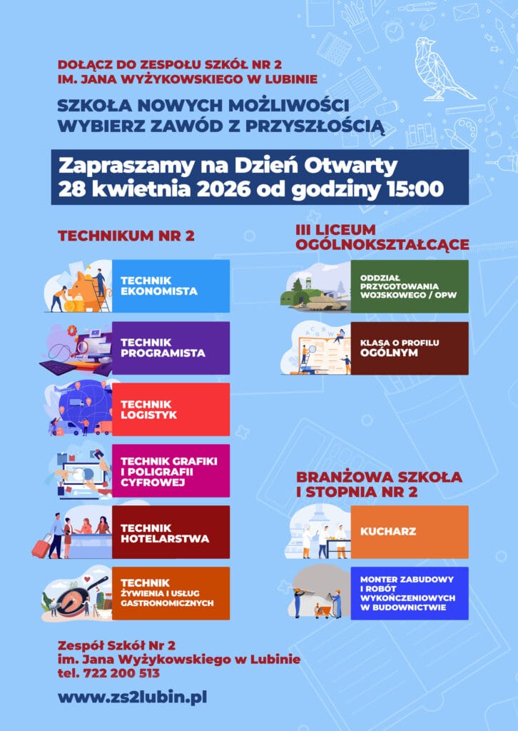 Plakat informacyjny Zespołu Szkół nr 2 im. Jana Wyżykowskiego w Lubinie zapraszający na Dzień Otwarty 28 kwietnia 2026 r. od godziny 15:00. Prezentuje ofertę edukacyjną Technikum nr 2, III Liceum Ogólnokształcącego oraz Branżowej Szkoły I stopnia nr 2. Zawiera dane kontaktowe: tel. 722 200 513 oraz stronę www.zs2lubin.pl.