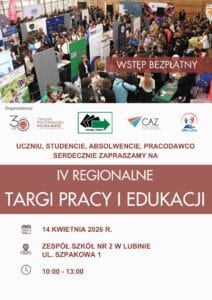 IV Regionalne Targi Pracy i Edukacji – zdjęcie dużej hali z licznymi stoiskami i odwiedzającymi; informacja o bezpłatnym wydarzeniu dla uczniów, absolwentów i pracodawców, odbywającym się 14 kwietnia 2026 r. w Zespole Szkół nr 2 w Lubinie, ul. Szpakowa 1, w godz. 10:00–13:00