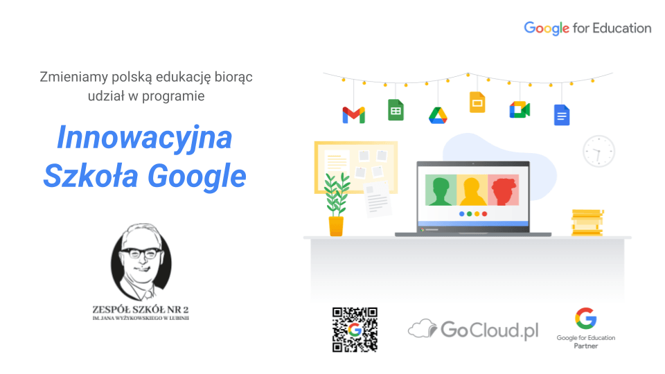 Plakat promujący udział Zespołu Szkół nr 2 w Lubinie w programie Innowacyjna Szkoła Google. Na grafice widoczne są logotypy Google for Education, GoCloud.pl oraz portret Jana Wyżykowskiego. Ilustracja przedstawia biurko z laptopem wyświetlającym wideokonferencję oraz ikony narzędzi Google: Gmail, Arkusze, Prezentacje, Dysk, Dokumenty, Meet i Formularze.