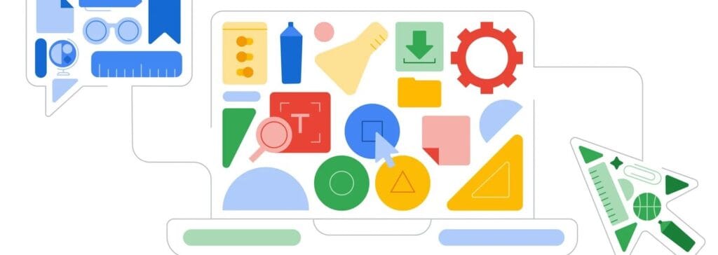 Nowoczesna grafika wektorowa przedstawiająca zarys laptopa, na którego ekranie znajdują się różnorodne symbole: koło zębate, lupa, ekierka, kursor oraz ikony plików. Obok laptopa widoczny jest dymek z przyborami szkolnymi (globus, okulary, linijka) oraz duży kursor wypełniony motywami sportowymi i piśmienniczymi. Całość utrzymana w żywej kolorystyce Google.