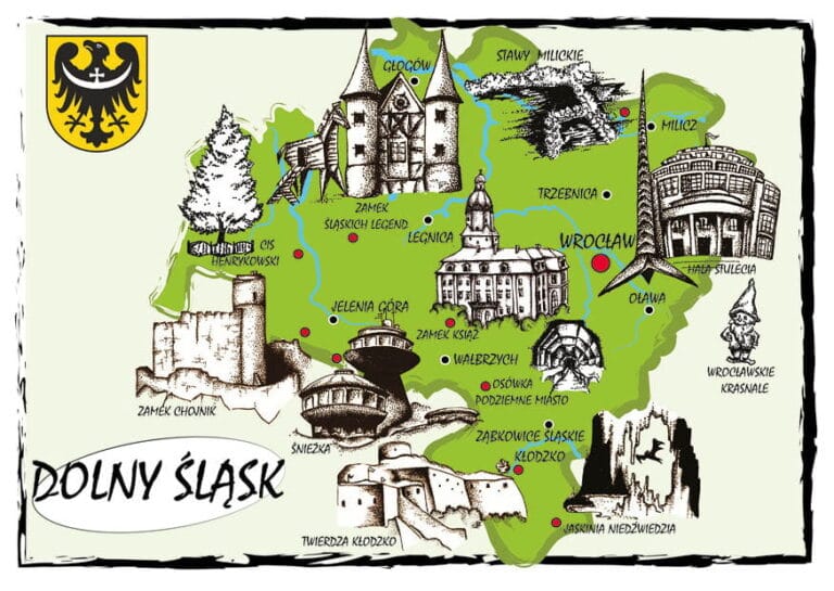 Ilustrowana, turystyczna mapa Dolnego Śląska z rysunkami najważniejszych zabytków i atrakcji regionu, przygotowana na konkurs wiedzy. W lewym górnym rogu znajduje się herb Dolnego Śląska (czarny orzeł z białą półtemszą na żółtym tle), a w lewym dolnym rogu duży napis „DOLNY ŚLĄSK”.