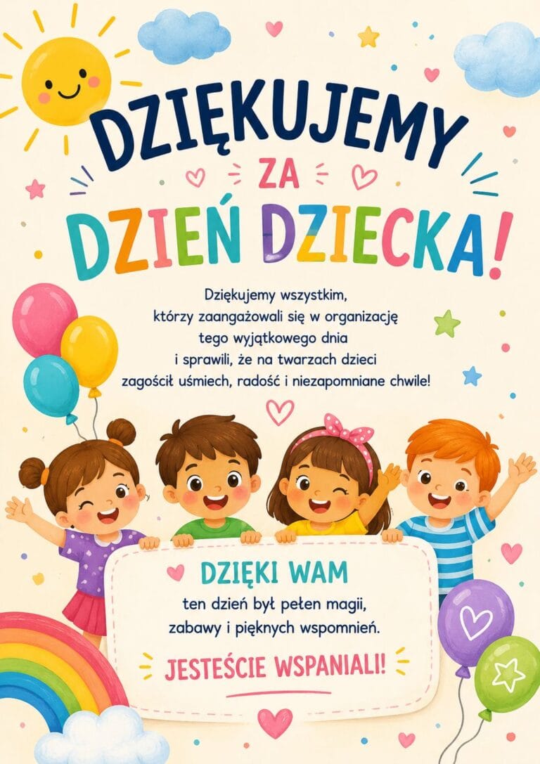 Kolorowa grafika z podziękowaniami z okazji Dnia Dziecka. Na górze uśmiechnięte słońce, chmury i napis: 'DZIĘKUJEMY ZA DZIEŃ DZIECKA!'. Poniżej tekst: 'Dziękujemy wszystkim, którzy zaangażowali się w organizację tego wyjątkowego dnia i sprawili, że na twarzach dzieci zagościł uśmiech, radość i niezapomniane chwile!'. W centralnej części ilustracja czworga uśmiechniętych dzieci trzymających planszę z napisem: 'DZIĘKI WAM ten dzień był pełen magii, zabawy i pięknych wspomnień. JESTEŚCIE WSPANIALI!'. Całość ozdobiona jest balonami, gwiazdkami, serduszkami oraz tęczą