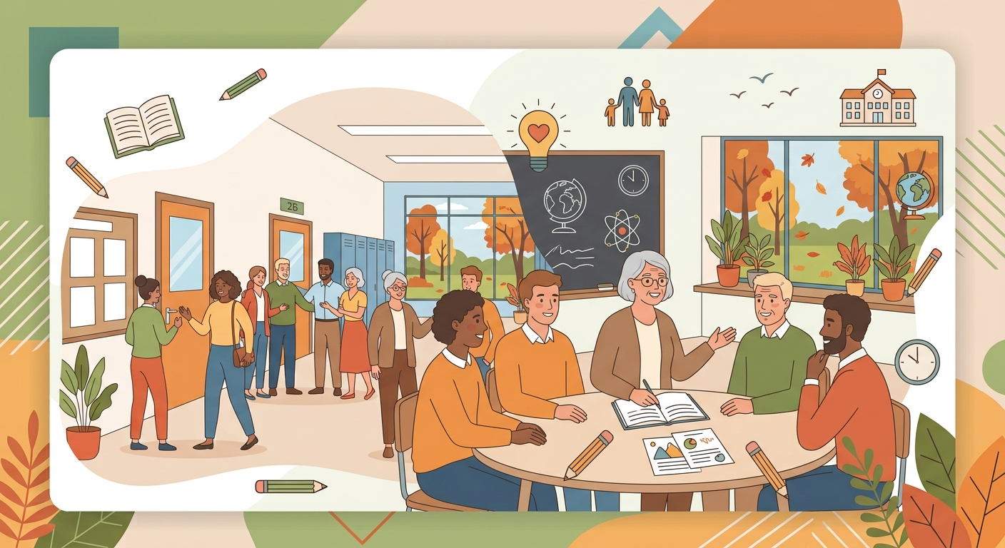 Ilustracja przedstawiająca zebranie rodziców z nauczycielami w sali lekcyjnej oraz na korytarzu szkolnym