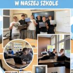 Plakat szkolny pt. „Nowoczesna edukacja w naszej szkole”, zawierający napisy oraz pięć zdjęć przedstawiających uczniów pracujących z laptopami i nowoczesnym sprzętem multimedialnym w klasie, a także szkolny herb w prawym dolnym rogu.