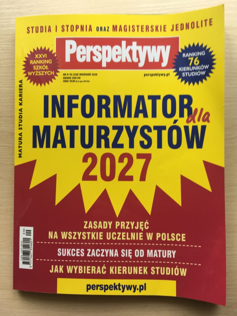 Okładka publikacji „Perspektywy. Informator dla maturzystów 2027” zawierającej informacje o rekrutacji na studia w Polsce